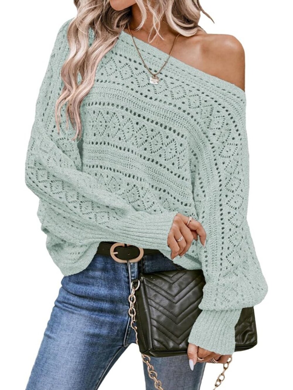 Women's Smoke Green Crochet Boat Neck Long Batwing Sleeve Loose Fashion Sweaters